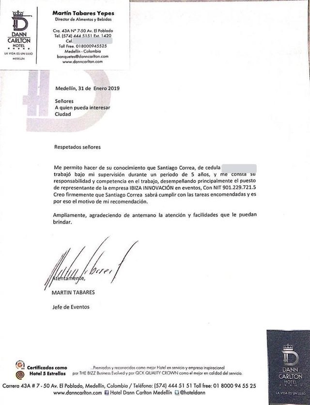 Letter of recommendation · Hotel Dann Carlton Medellín