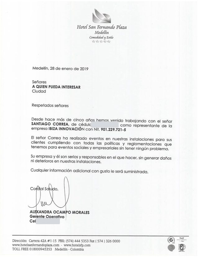 Letter of recommendation · Hotel San Fernando Plaza